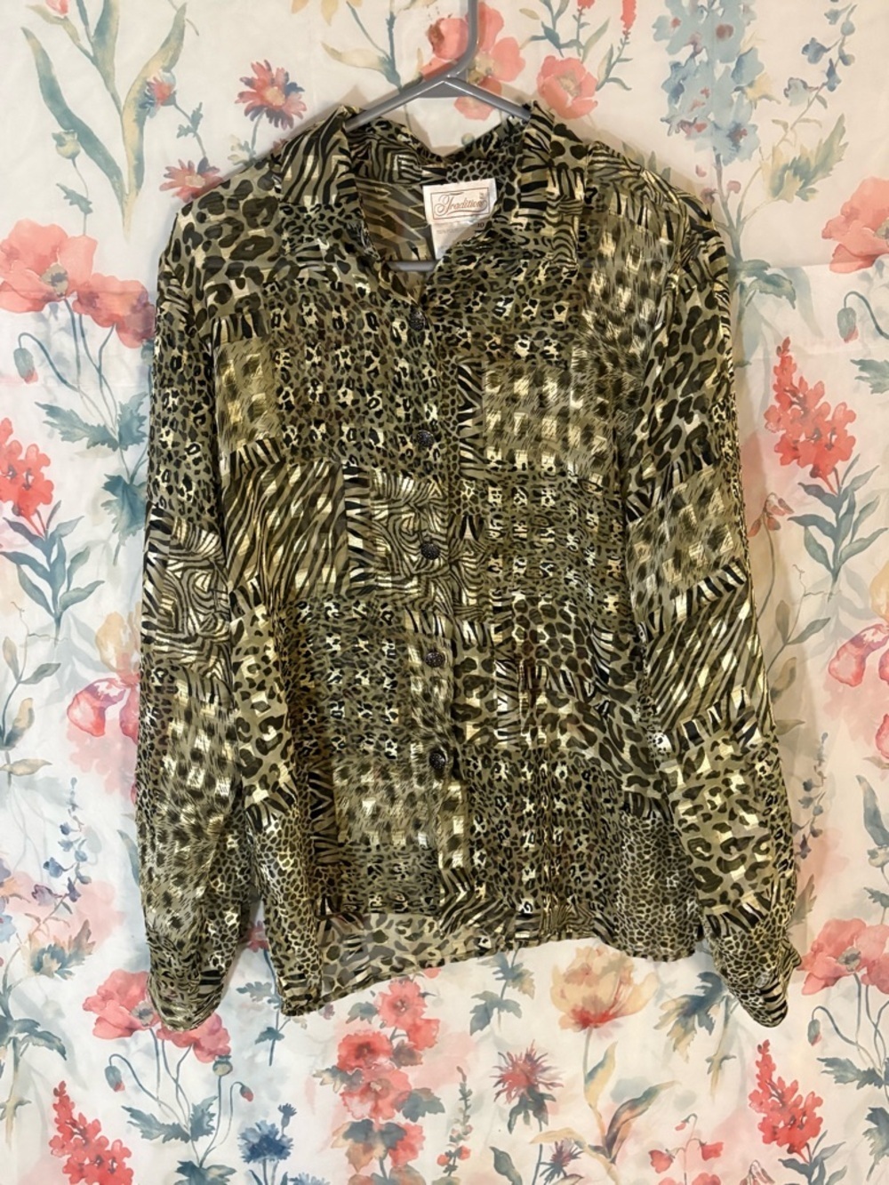 Patchwork Animal Print Button-Down Shirt in Olive Green